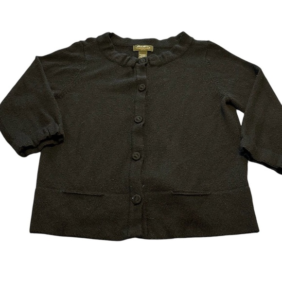 Eddie Bauer Cardigan Merino Wool Black Button-Front 3/4 Sleeve Pockets Size L - Picture 1 of 9